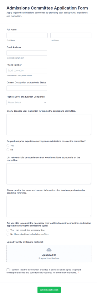 Admissions Committee Application Form Template