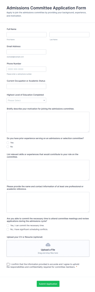 Admissions Committee Application Form Template