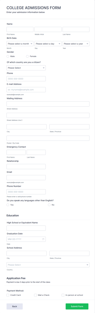 College Admission Form Template