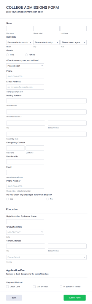 College Admission Form Template