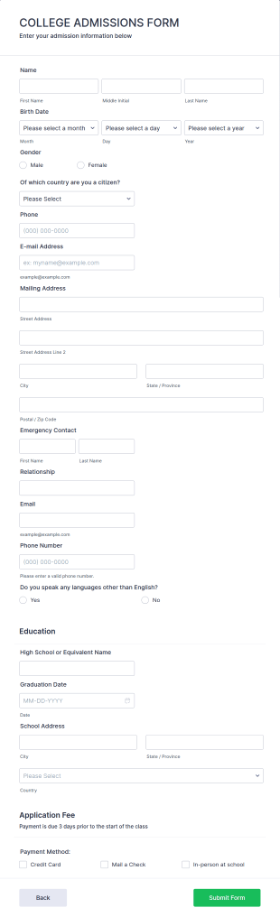 College Admission Form Template