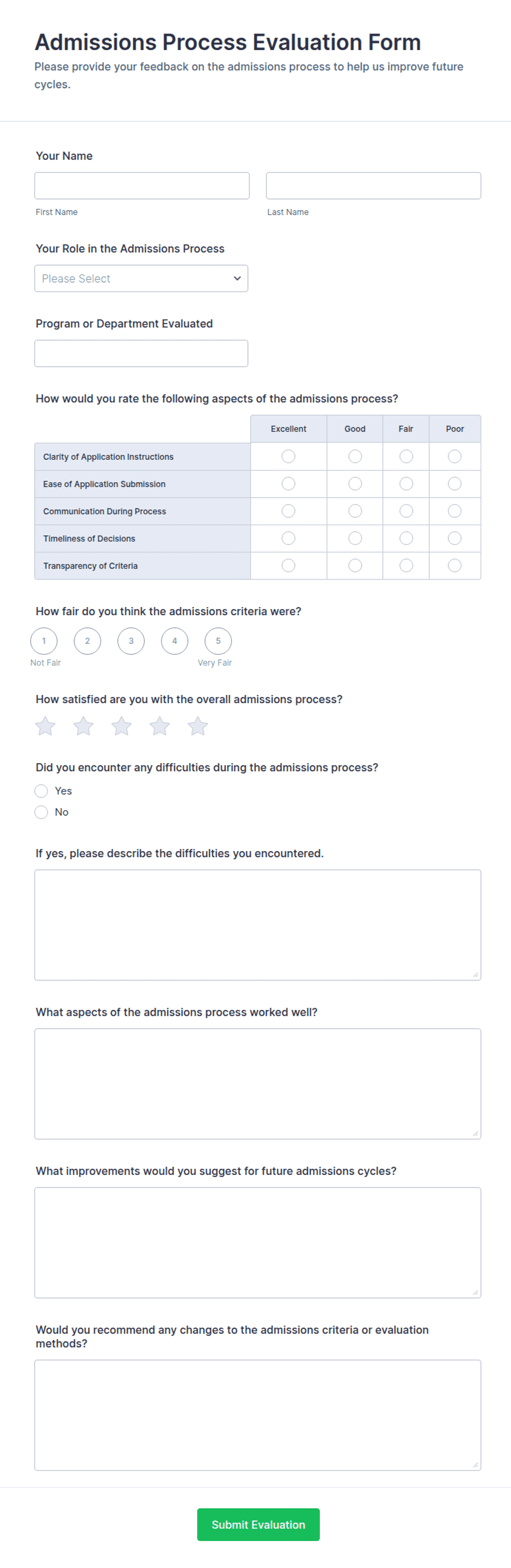 Process Evaluation Form Example Admissions Process Evaluation Form Template | Jotform