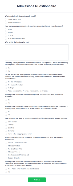 Admissions Questionnaire Form Template