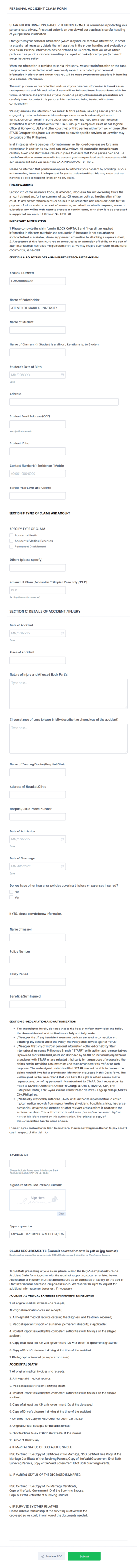 Admu Ls Student Insurance Form Template