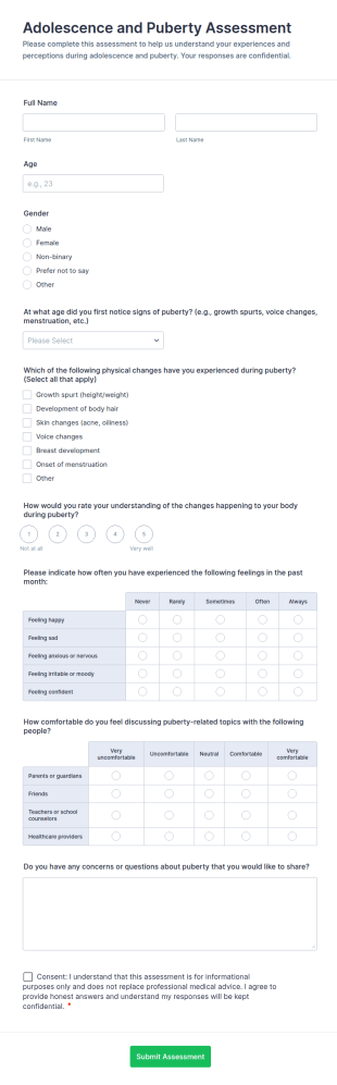 Adolescence And Puberty Assessment Form Template