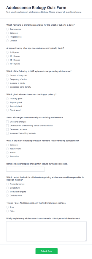 Adolescence Biology Quiz Form Template