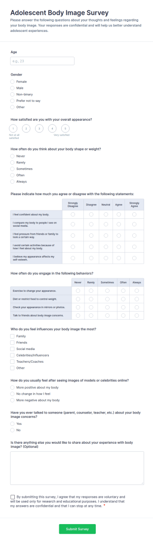 Adolescent Body Image Survey Form Template