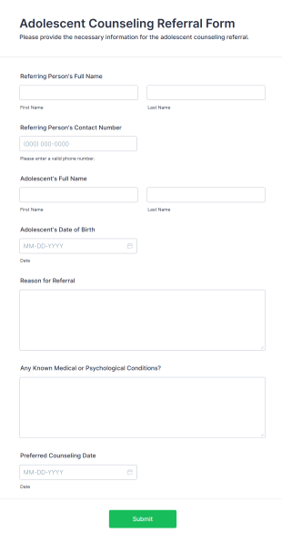 Adolescent Counseling Referral Form Form Template