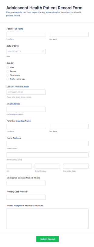 Adolescent Health Patient Record Form Template