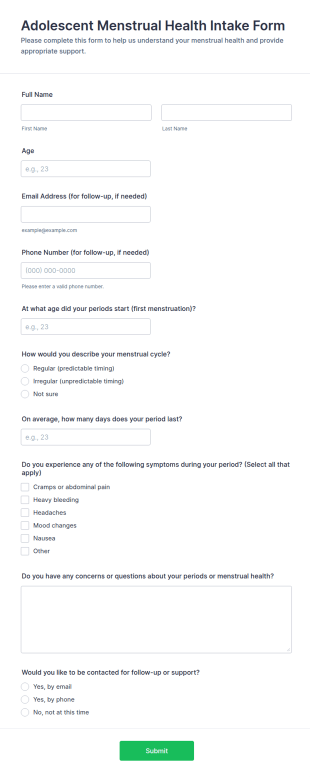 Adolescent Menstrual Health Intake Form Template
