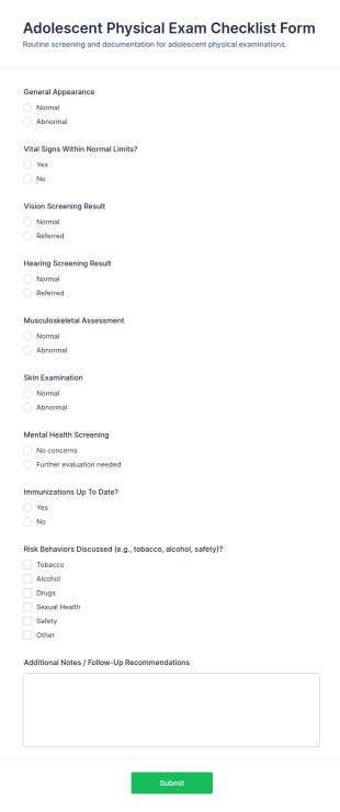 Adolescent Physical Exam Checklist Form Template