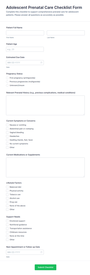 Adolescent Prenatal Care Checklist Form Template