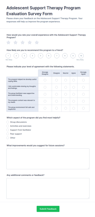 Adolescent Support Therapy Program Evaluation Survey Form Template