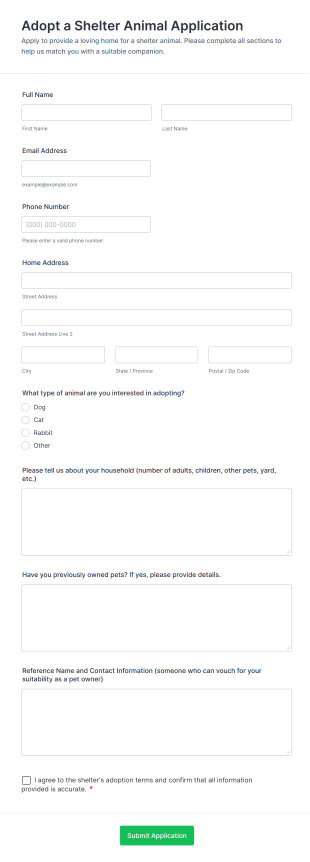 Adopt A Shelter Animal Application Form Template