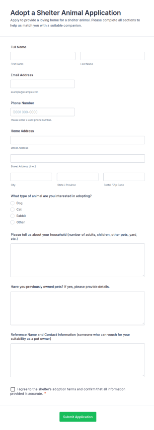 Adopt A Shelter Animal Application Form Template
