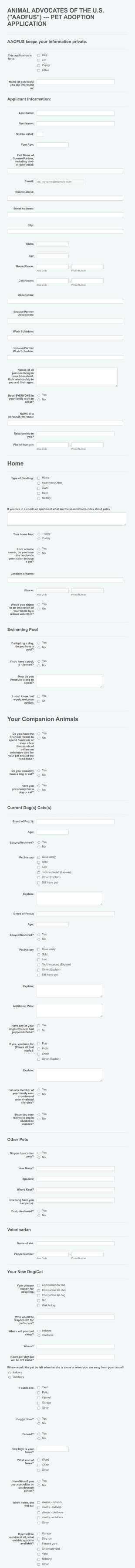 Animal Advocates Adoption Application Form Template
