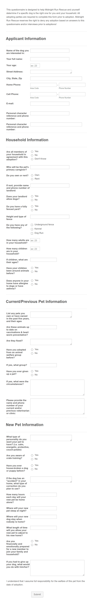 Adoption Application Submissions Form Template