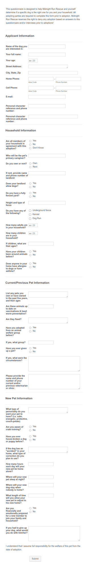 Adoption Application Submissions Form Template