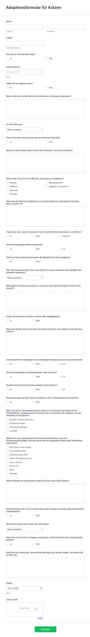 Adoptionsformular Für Katzen