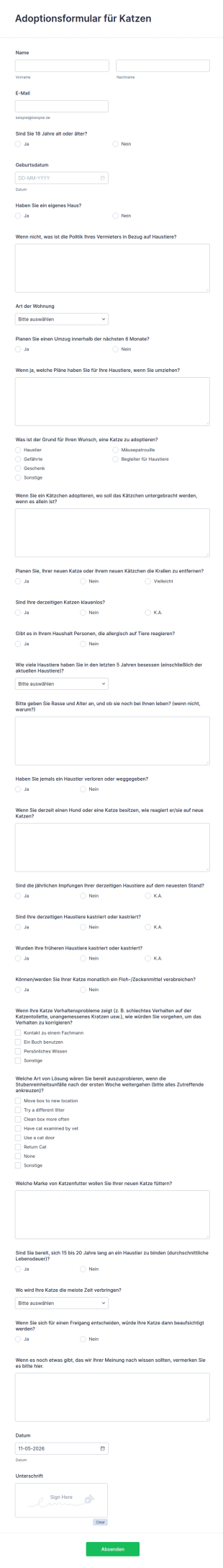 Adoptionsformular Für Katzen