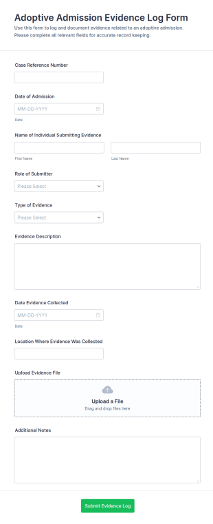 Adoptive Admission Evidence Log Form Template