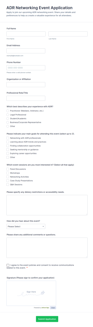 ADR Networking Event Application Form Template