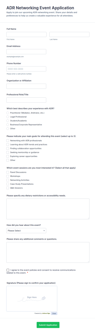 ADR Networking Event Application Form Template