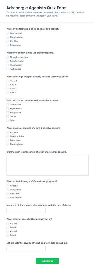 Adrenergic Agonists Quiz Form Template