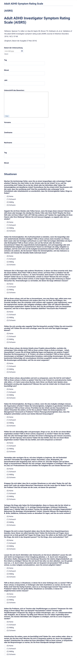 Adult ADHD Investigator Symptom Rating Scale (AISRS) Form Template
