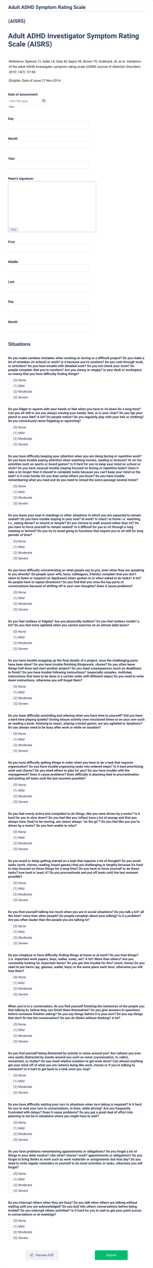 Adult ADHD Investigator Symptom Rating Scale (AISRS) Form Template