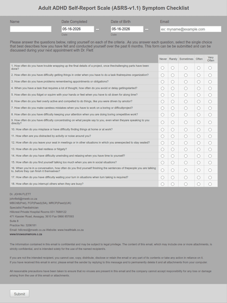 Adult ADHD Self-Report Scale (ASRS-v1.1) Symptom Checklist Form ...