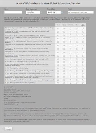 Adult ADHD Self Report Scale (ASRS V1.1) Symptom Checklist Form Template