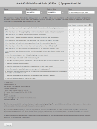 Adult ADHD Self Report Scale (ASRS V1.1) Symptom Checklist Form Template