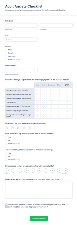 Adult Anxiety Checklist Form Template
