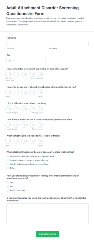 Adult Attachment Disorder Screening Questionnaire Form Template