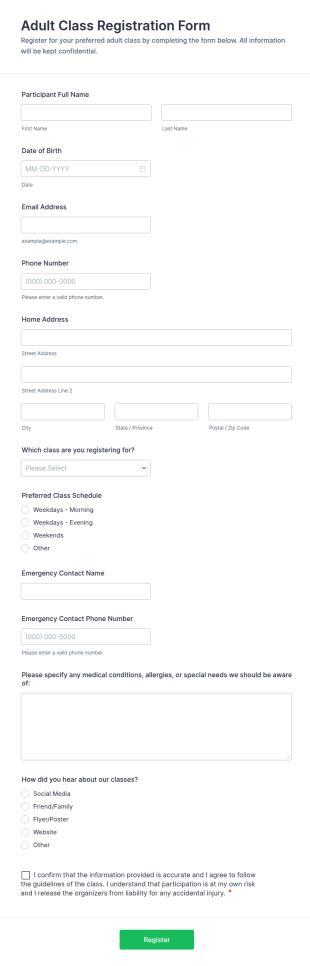 Adult Class Registration Form Template
