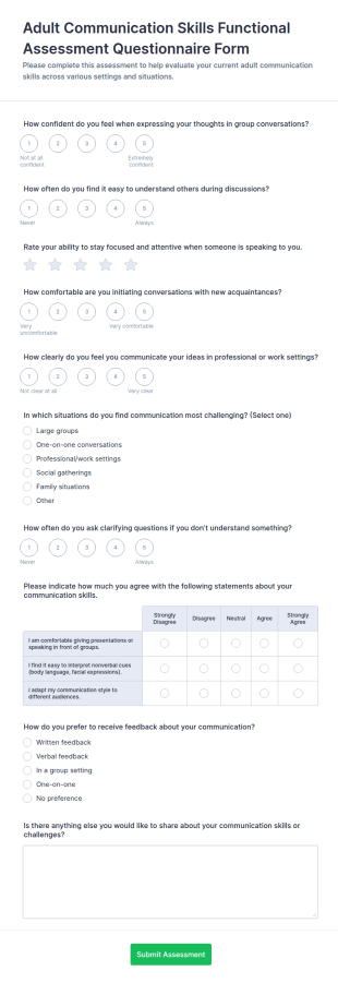 Adult Communication Skills Functional Assessment Questionnaire Form Template