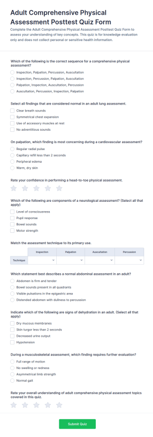 Adult Comprehensive Physical Assessment Posttest Quiz Form Template