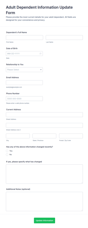 Adult Dependent Information Update Form Template
