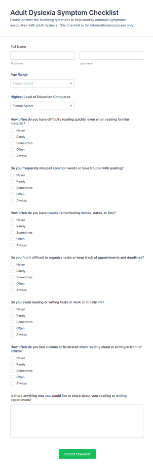 Adult Dyslexia Symptom Checklist Form Template