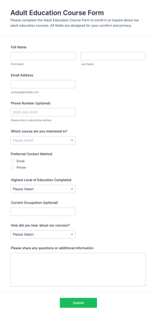 Adult Education Course Form Template