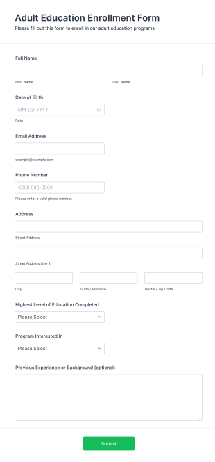Adult Education Enrollment Form Template