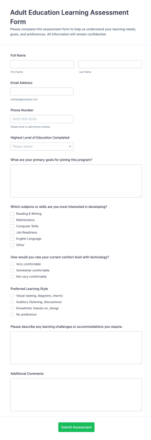 Adult Education Learning Assessment Form Template