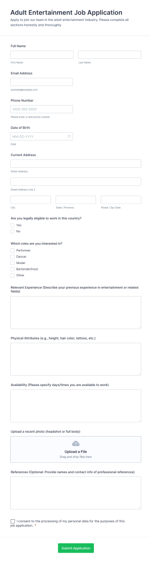 Adult Entertainment Job Application Form Template