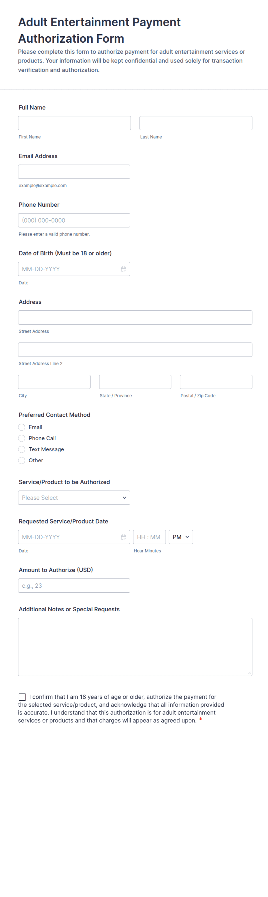 Adult Entertainment Payment Authorization Form Template | Jotform