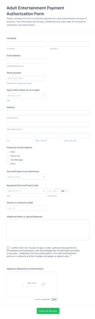 Adult Entertainment Payment Authorization Form Template