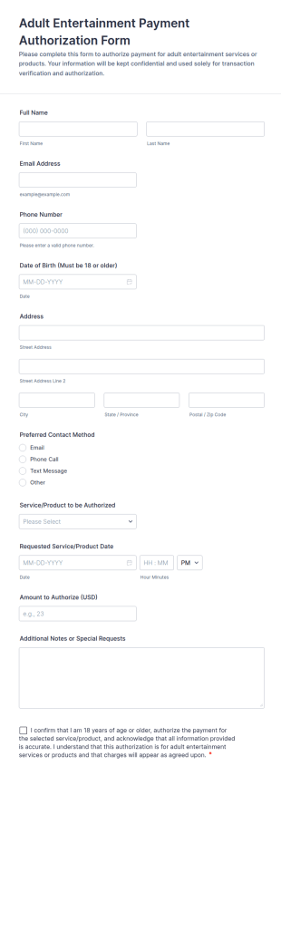 Adult Entertainment Payment Authorization Form Template