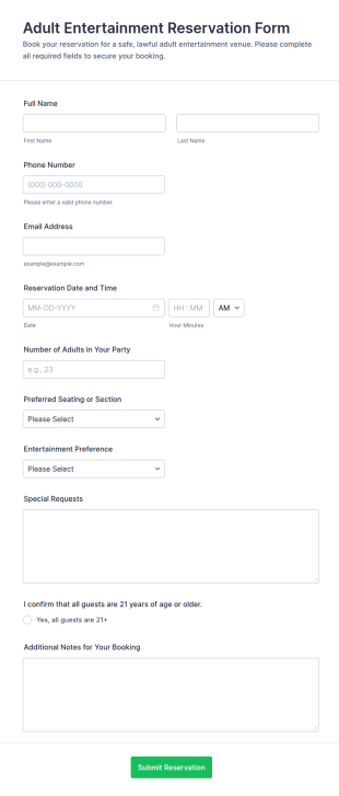 Adult Entertainment Reservation Form Template