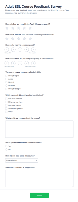Adult ESL Course Feedback Survey Form Template