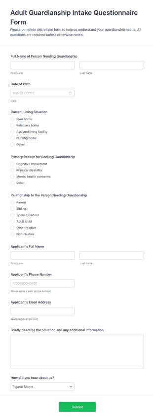 Adult Guardianship Intake Questionnaire Form Template